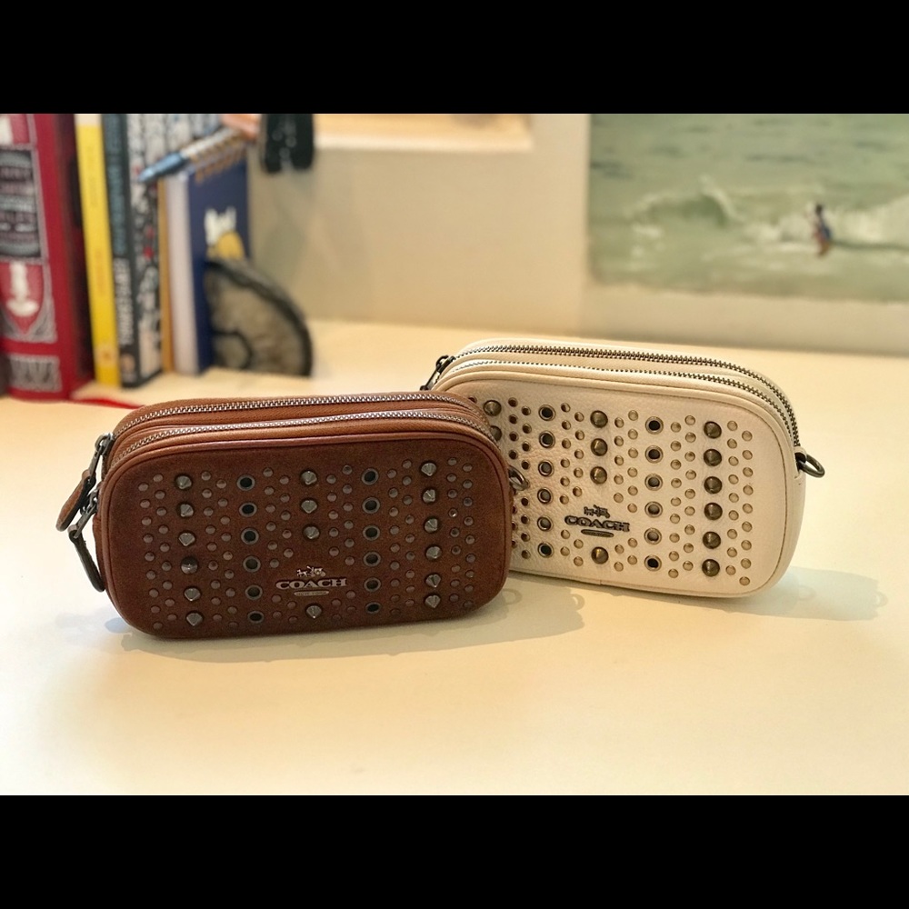 Coach studded crossbody in brown and white leather